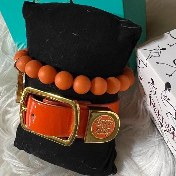 Rustic Cuff 2 pc. lot of Orange stretchy and leather bracelet - Picture 2 of 4